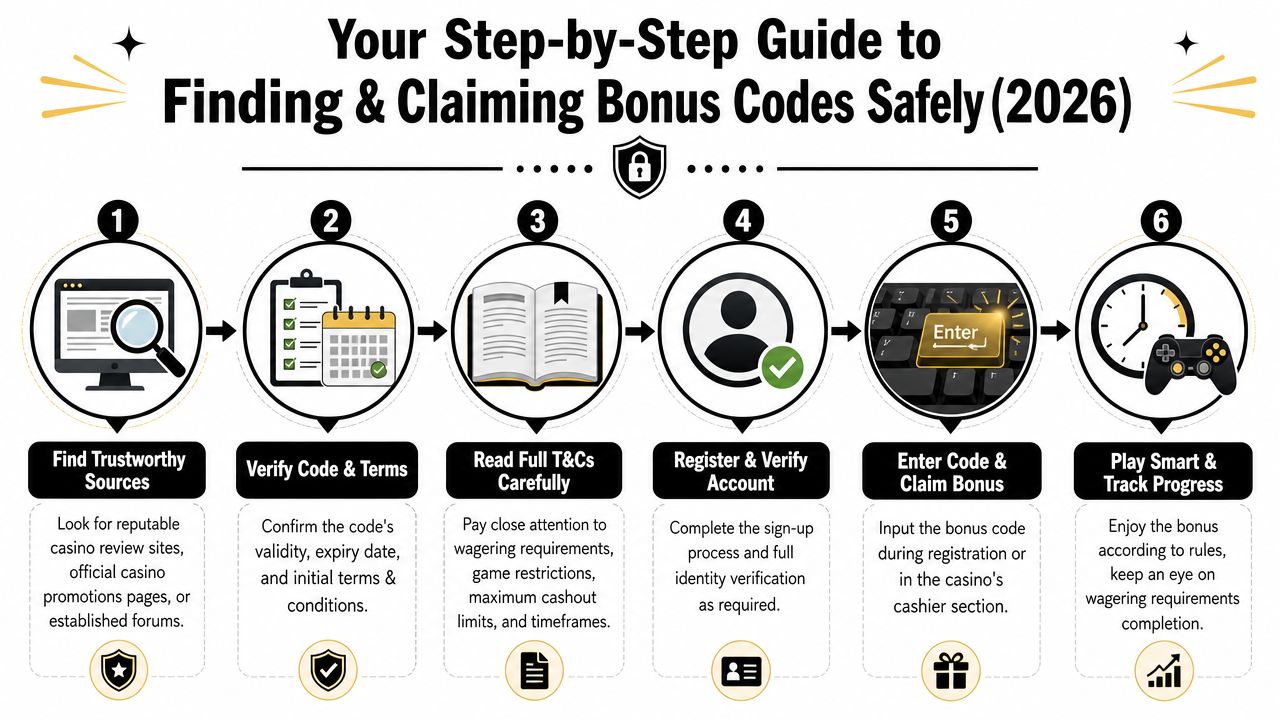 A six-step infographic guide on how to safely find, verify, and claim online casino bonus codes.