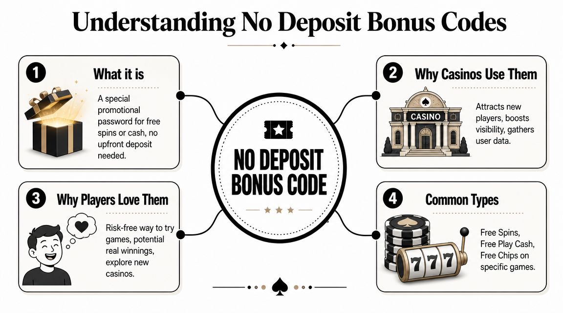 An infographic explaining how no deposit bonus codes work, including benefits for players and casinos.