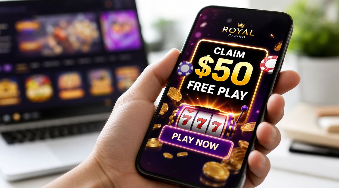 A person holding a smartphone displaying a Royal Casino $50 free play promotional offer with slot machine graphics.