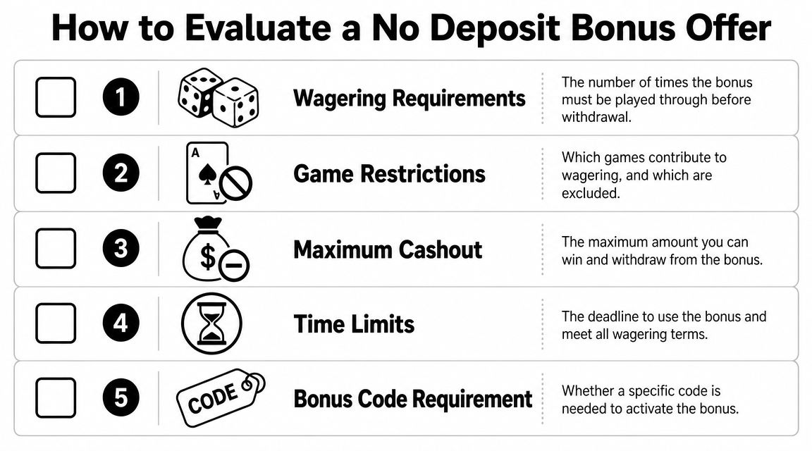 A checklist infographic titled How to Evaluate a No Deposit Bonus Offer with five key criteria.