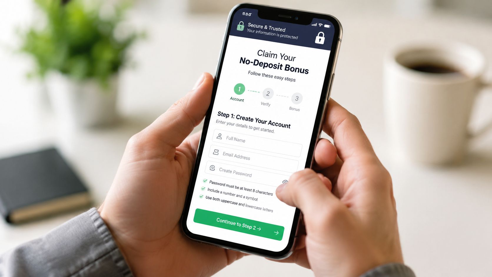 A person holds a smartphone displaying a mobile app sign-up form for an online no-deposit casino bonus.