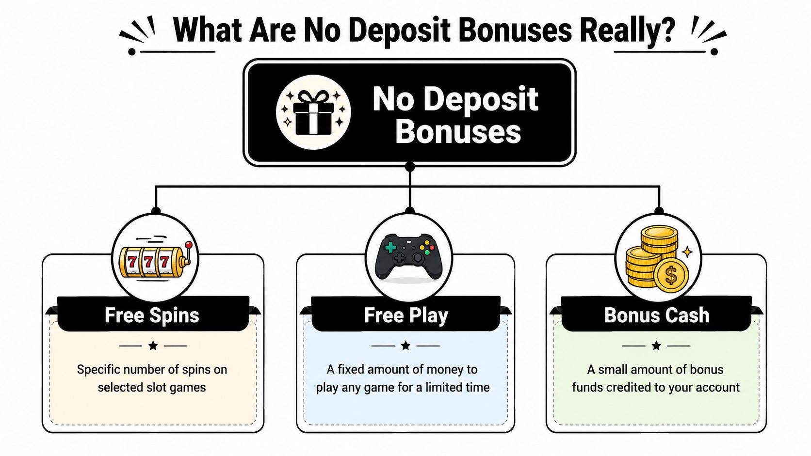An infographic explaining the three main types of no deposit casino bonuses: free spins, free play, and bonus cash.